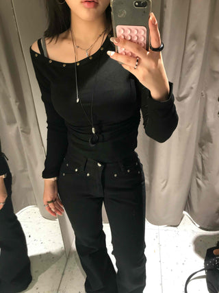 Sexy Off-Shoulder Slim Fit Ribbed Long Sleeve Tee