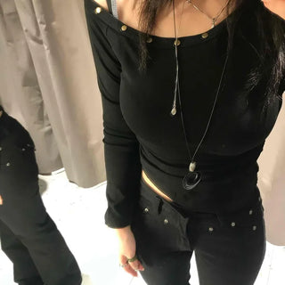 Sexy Off-Shoulder Slim Fit Ribbed Long Sleeve Tee