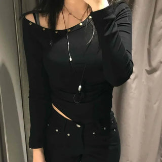 Sexy Off-Shoulder Slim Fit Ribbed Long Sleeve Tee