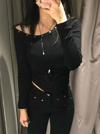 Sexy Off-Shoulder Slim Fit Ribbed Long Sleeve Tee