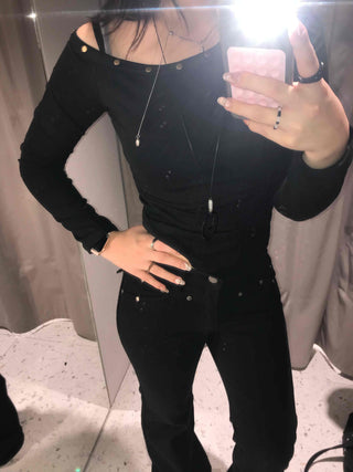 Sexy Off-Shoulder Slim Fit Ribbed Long Sleeve Tee