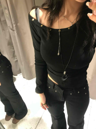 Sexy Off-Shoulder Slim Fit Ribbed Long Sleeve Tee