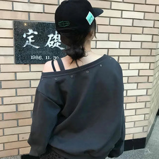 Street Lettering Off-Shoulder Oversized Sweatshirt