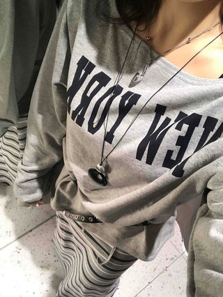 Lettering Print Oversized Off-Shoulder Tee