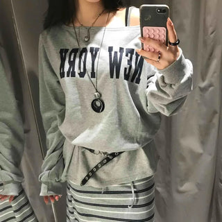 Lettering Print Oversized Off-Shoulder Tee