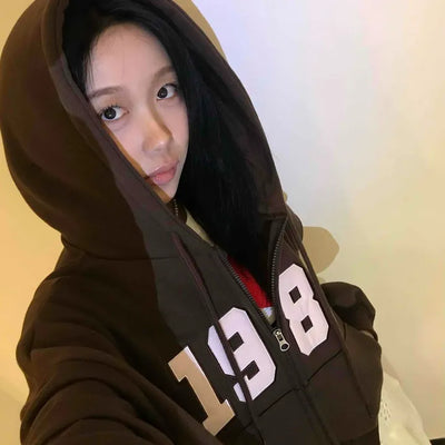 Lettering Vintage Campus Oversized Zip-Up Hoodie