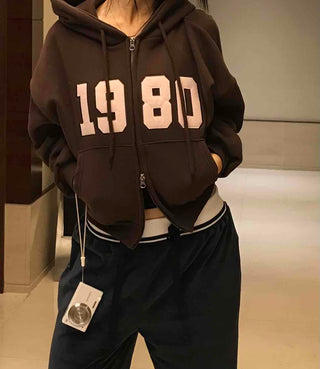 Lettering Vintage Campus Oversized Zip-Up Hoodie