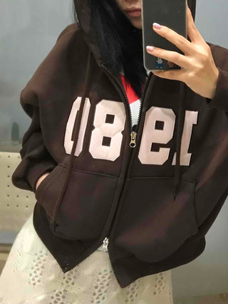 Lettering Vintage Campus Oversized Zip-Up Hoodie