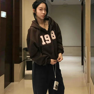 Lettering Vintage Campus Oversized Zip-Up Hoodie