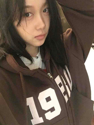 Lettering Vintage Campus Oversized Zip-Up Hoodie