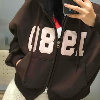 Lettering Vintage Campus Oversized Zip-Up Hoodie