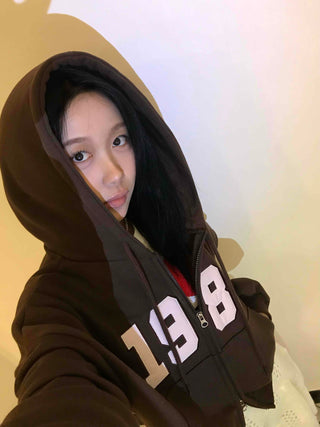 Lettering Vintage Campus Oversized Zip-Up Hoodie