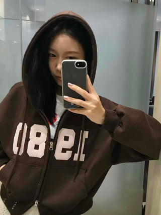 Lettering Vintage Campus Oversized Zip-Up Hoodie