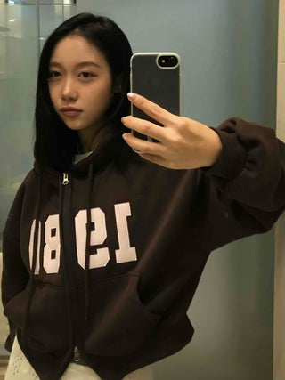Lettering Vintage Campus Oversized Zip-Up Hoodie