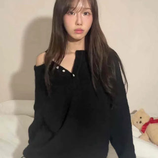 Shoulder-Cut Pearl Button V-Neck Knit