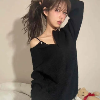 Shoulder-Cut Pearl Button V-Neck Knit