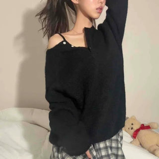 Shoulder-Cut Pearl Button V-Neck Knit