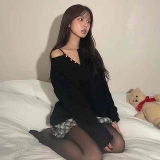 Shoulder-Cut Pearl Button V-Neck Knit