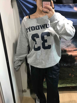Numbering Round Neck Loose Fit Long Sleeve Tee