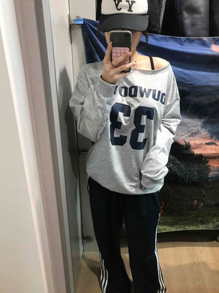Numbering Round Neck Loose Fit Long Sleeve Tee