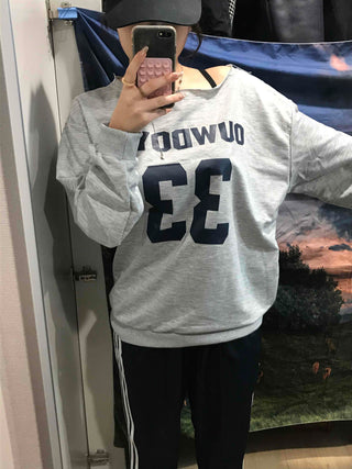 Numbering Round Neck Loose Fit Long Sleeve Tee