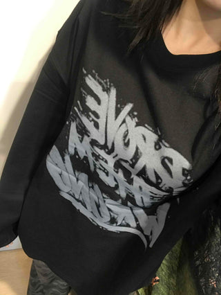Graffiti Lettering Oversized Loose Round Long Sleeve Tee