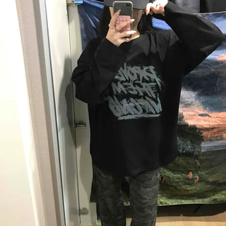 Graffiti Lettering Oversized Loose Round Long Sleeve Tee