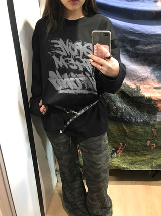 Graffiti Lettering Oversized Loose Round Long Sleeve Tee