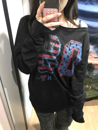 Vintage Number Print Oversized Long Sleeve T-shirt