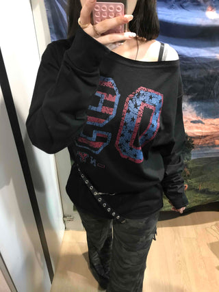 Vintage Number Print Oversized Long Sleeve T-shirt