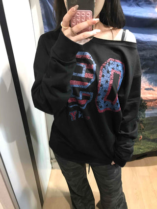 Vintage Number Print Oversized Long Sleeve T-shirt