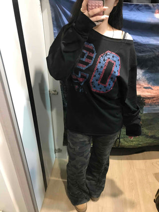 Vintage Number Print Oversized Long Sleeve T-shirt