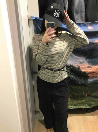 Basic Oversized Border Round Long Sleeve T-shirt