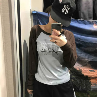 Lettering Raglan Color Block Round Long Sleeve T-shirt