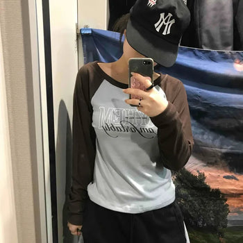 Lettering Raglan Color Block Round Long Sleeve T-shirt