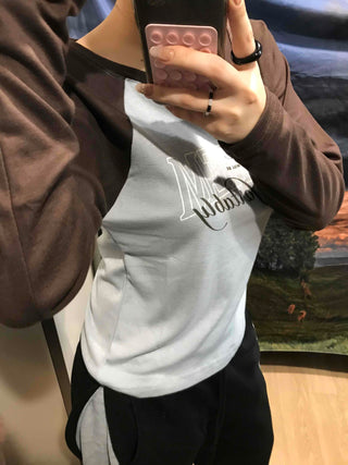 Lettering Raglan Color Block Round Long Sleeve T-shirt