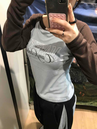 Lettering Raglan Color Block Round Long Sleeve T-shirt