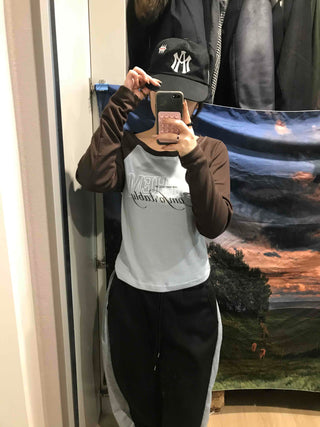 Lettering Raglan Color Block Round Long Sleeve T-shirt