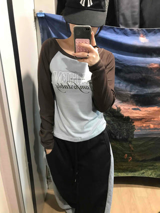 Lettering Raglan Color Block Round Long Sleeve T-shirt