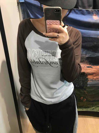 Lettering Raglan Color Block Round Long Sleeve T-shirt