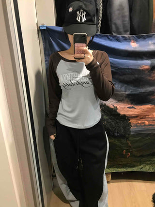 Lettering Raglan Color Block Round Long Sleeve T-shirt