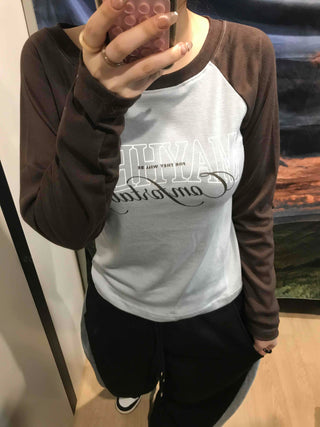 Lettering Raglan Color Block Round Long Sleeve T-shirt