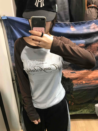 Lettering Raglan Color Block Round Long Sleeve T-shirt