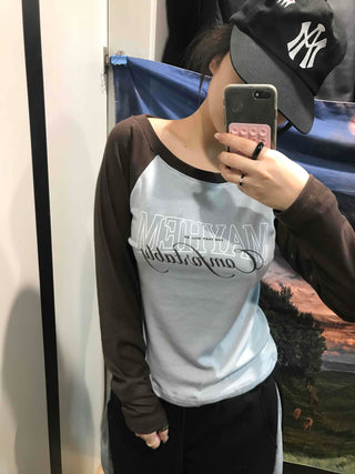 Lettering Raglan Color Block Round Long Sleeve T-shirt