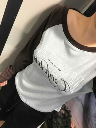 Lettering Raglan Color Block Round Long Sleeve T-shirt