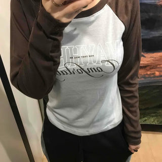Lettering Raglan Color Block Round Long Sleeve T-shirt