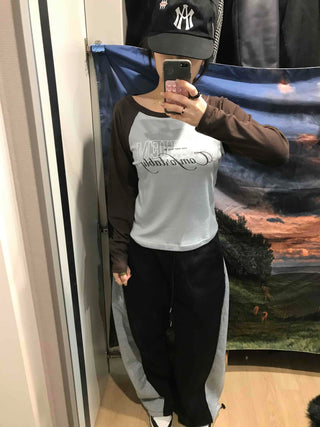 Lettering Raglan Color Block Round Long Sleeve T-shirt
