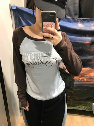 Lettering Raglan Color Block Round Long Sleeve T-shirt