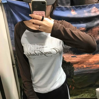 Lettering Raglan Color Block Round Long Sleeve T-shirt