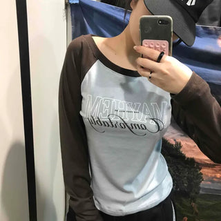Lettering Raglan Color Block Round Long Sleeve T-shirt